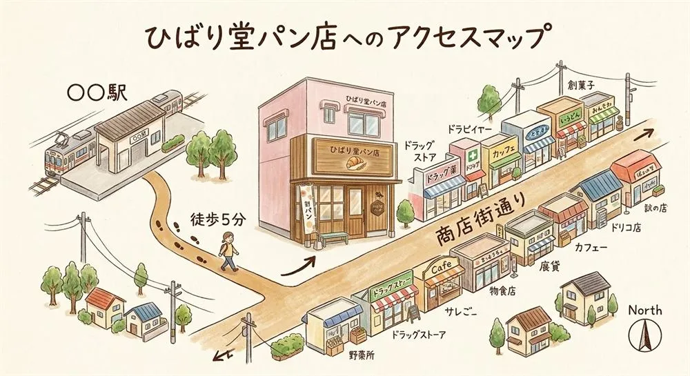 ひばり堂パン店へのアクセスマップ。最寄り駅から徒歩5分、商店街通り沿い。