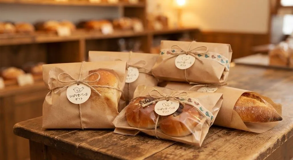 クラフト紙で包み麻ひもで結んだひばり堂パン店のギフト包装。ロゴ入りの紐付き値札タグが付いている。