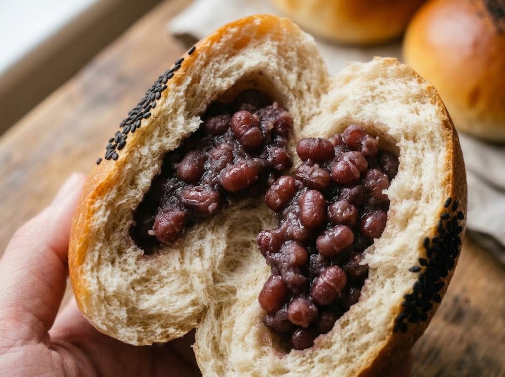 粒あんぱんの断面。豆の粒がぎっしり詰まっている。