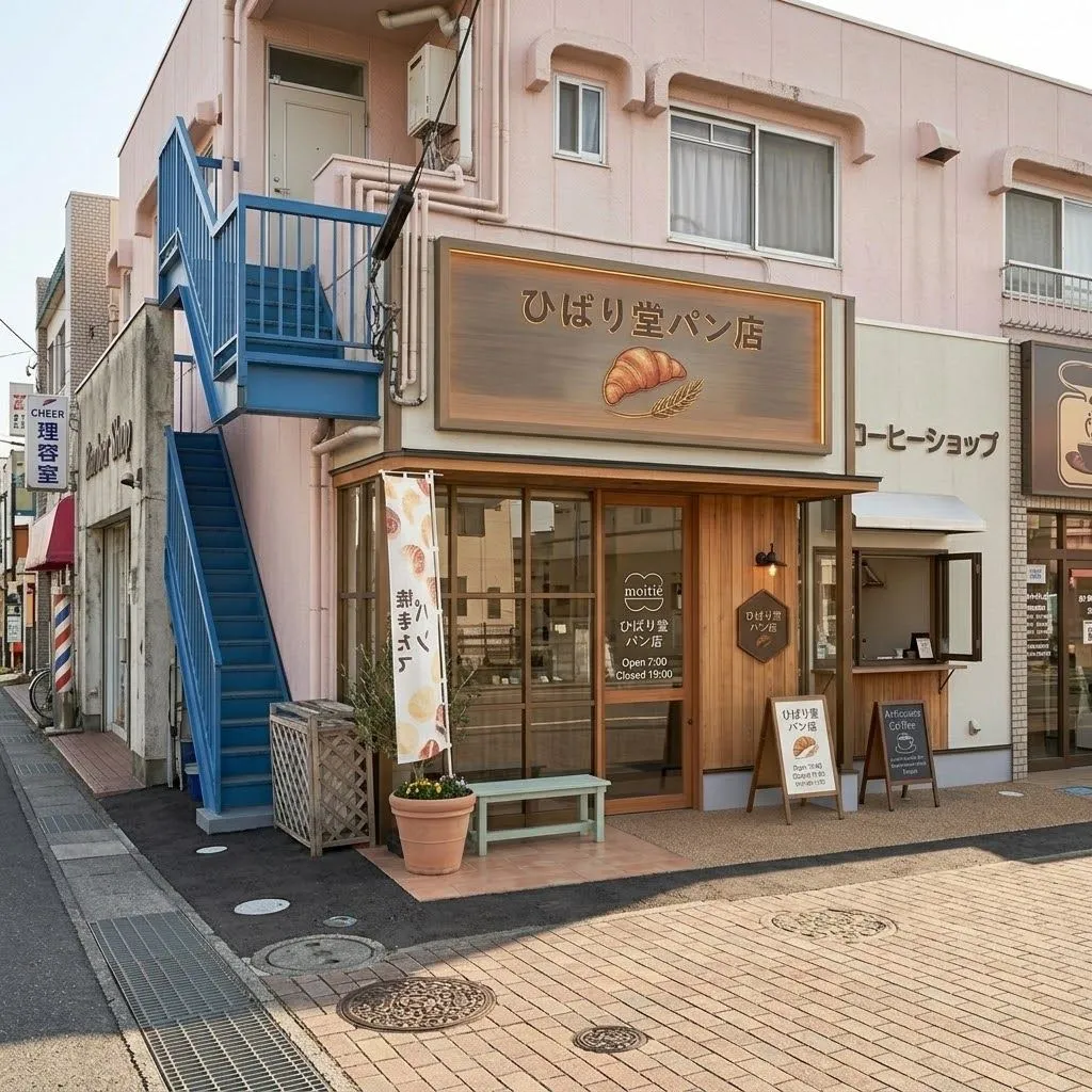 ひばり堂パン店の外観。赤い庇と木製の看板が目印。