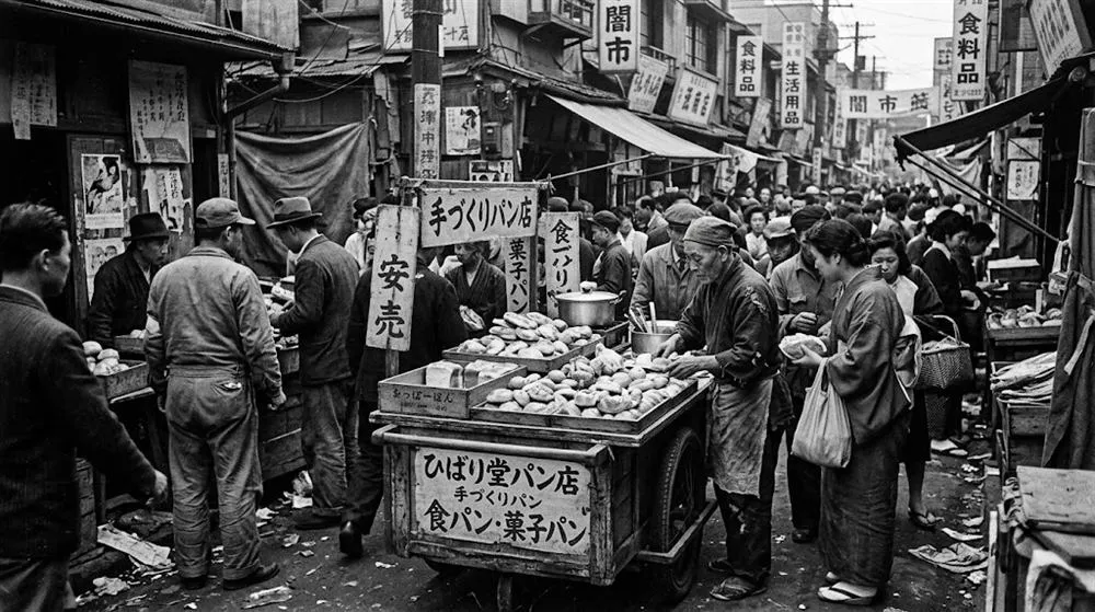 闇市時代、屋台でパンを売る初代の様子